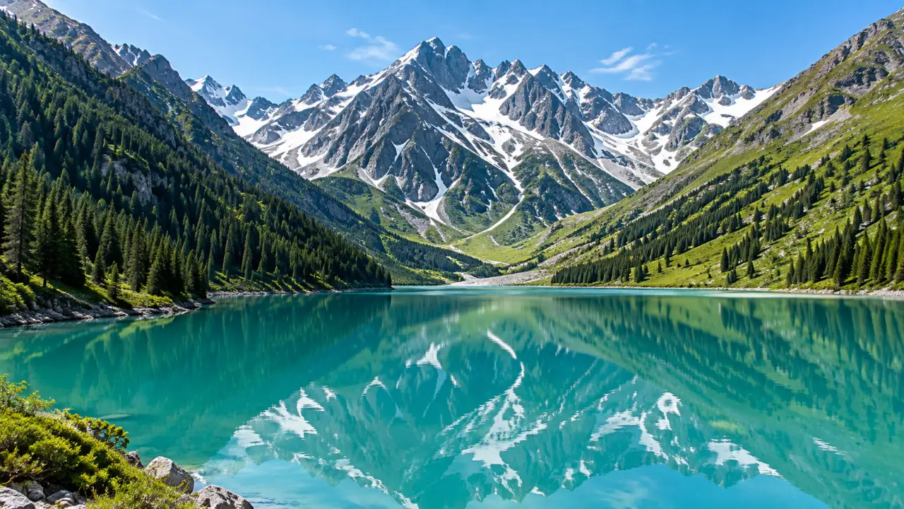 Der Große Almaty-See in tiefem Türkis an einem ruhigen Sommermorgen mit Schnee auf den Gipfeln